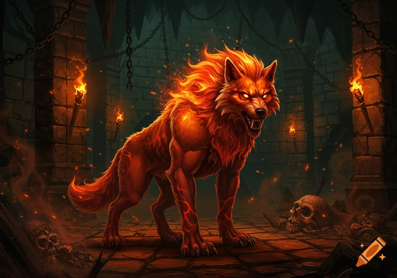 A fierce, fiery orange wolf-like creature with glowing eyes stands in a dark, torchlit dungeon with skulls.