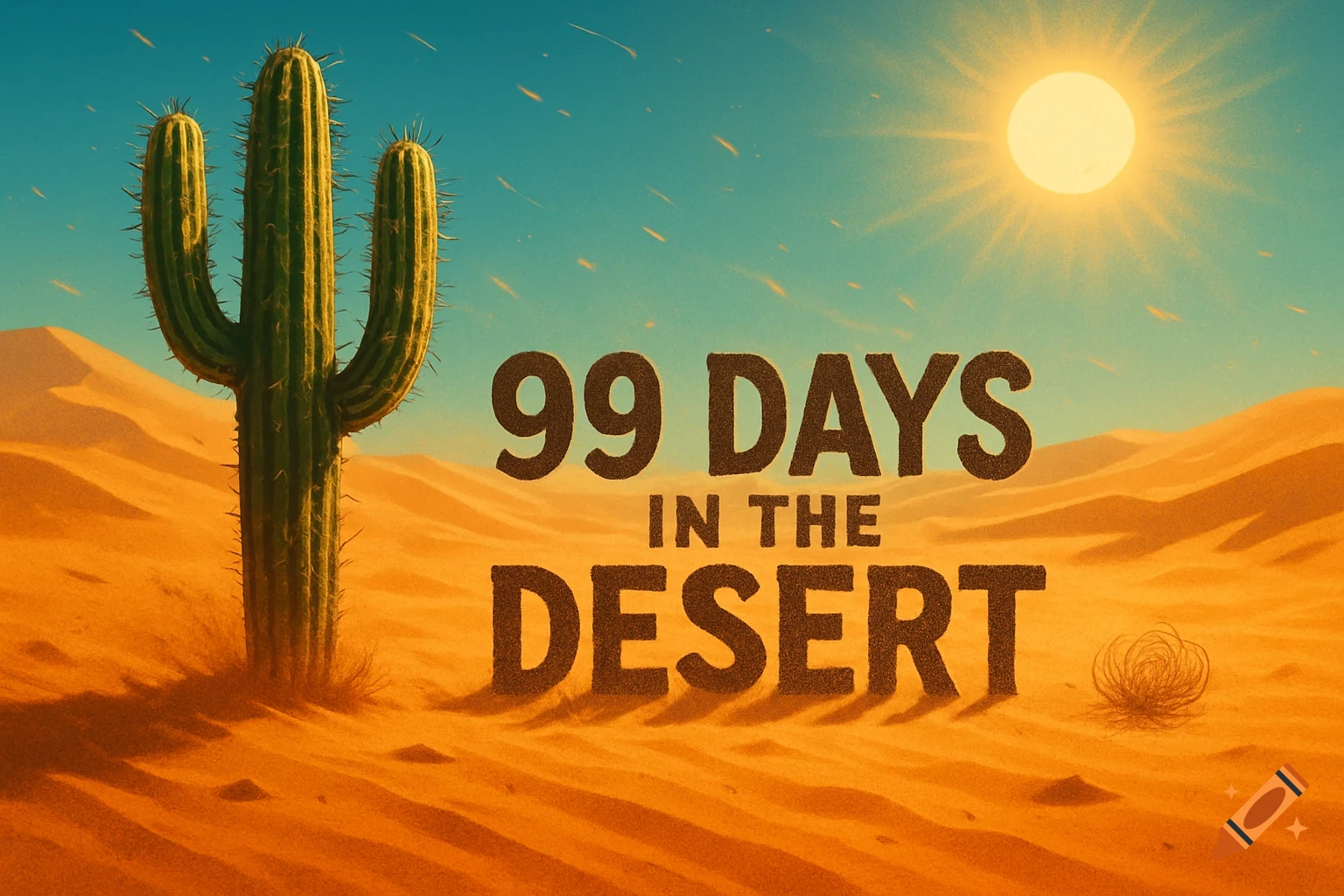A stylized illustration of a saguaro cactus in a vast desert landscape under a bright sun, with the text '99 DAYS IN THE DESERT' written on the sand dunes.