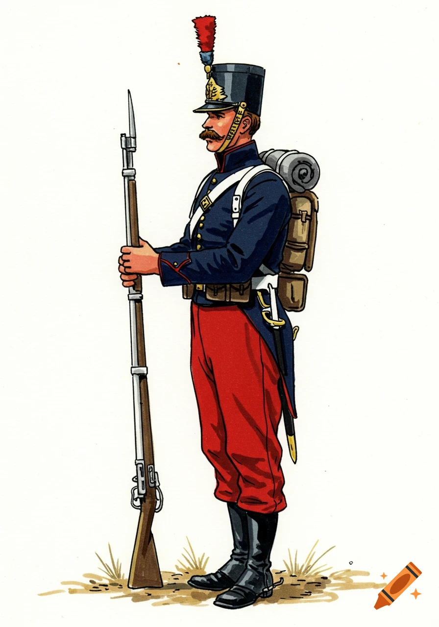 A colored illustration of a French infantryman from the 1870 war, in profile, wearing a dark uniform with red pants, holding a rifle.