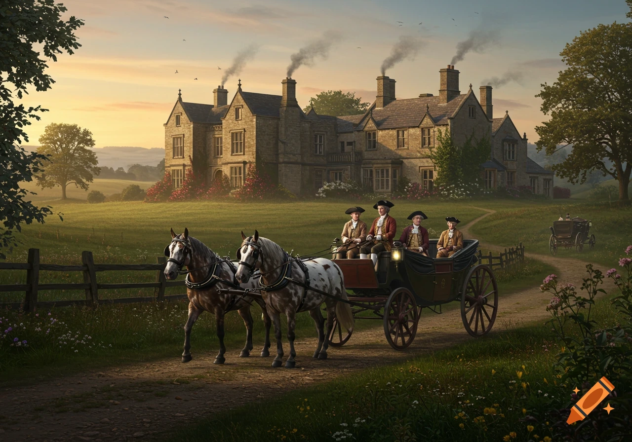 Men in 18th-century attire ride in a horse-drawn carriage on a dirt path past a large stone manor house at sunset.