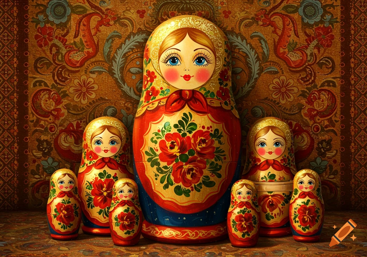A group of vibrantly painted traditional Russian nesting dolls on a richly patterned background.