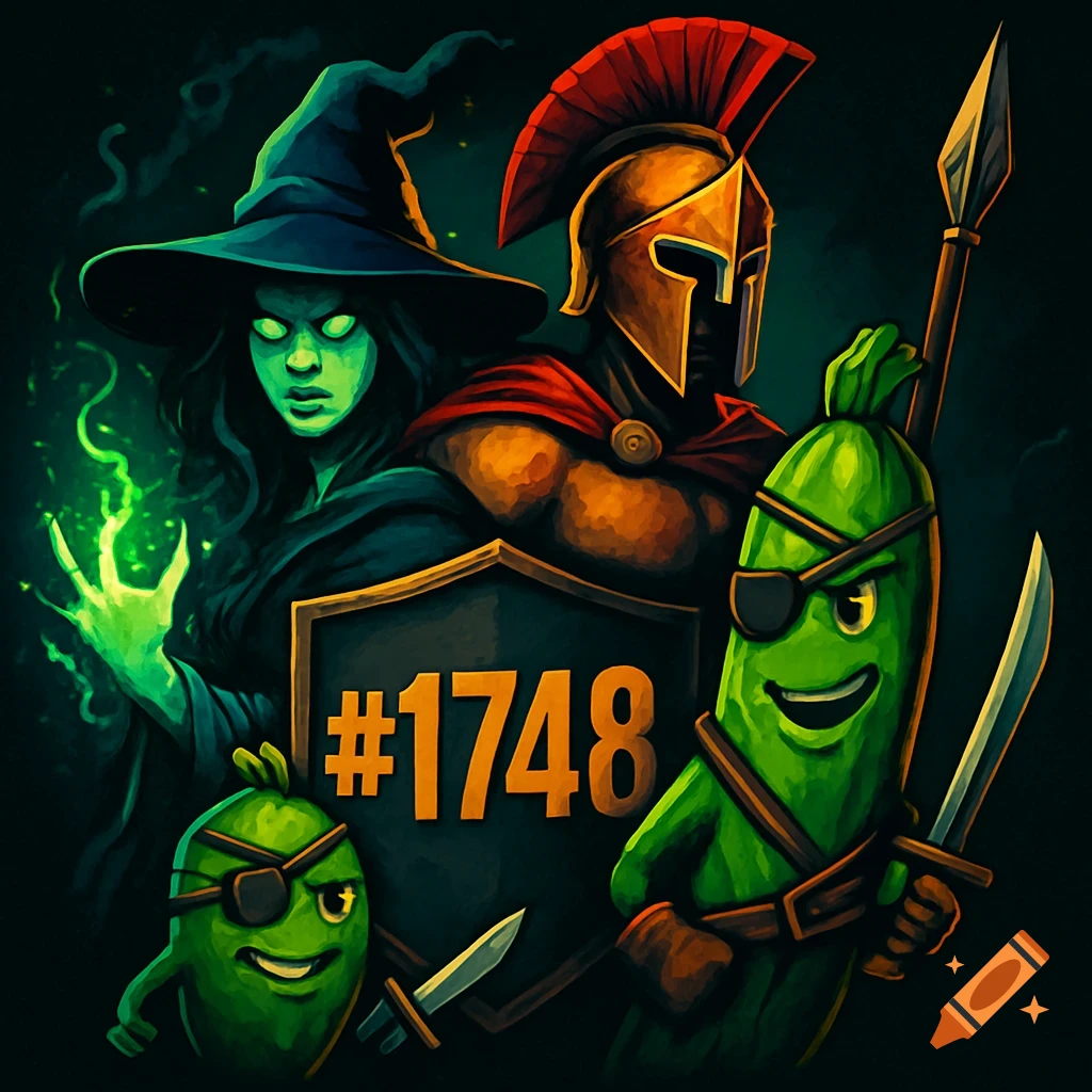 A stylized image of a green-eyed witch, a Spartan warrior with a spear, and two anthropomorphic pirate pickles holding swords, all centered around a shield with '#1748'.