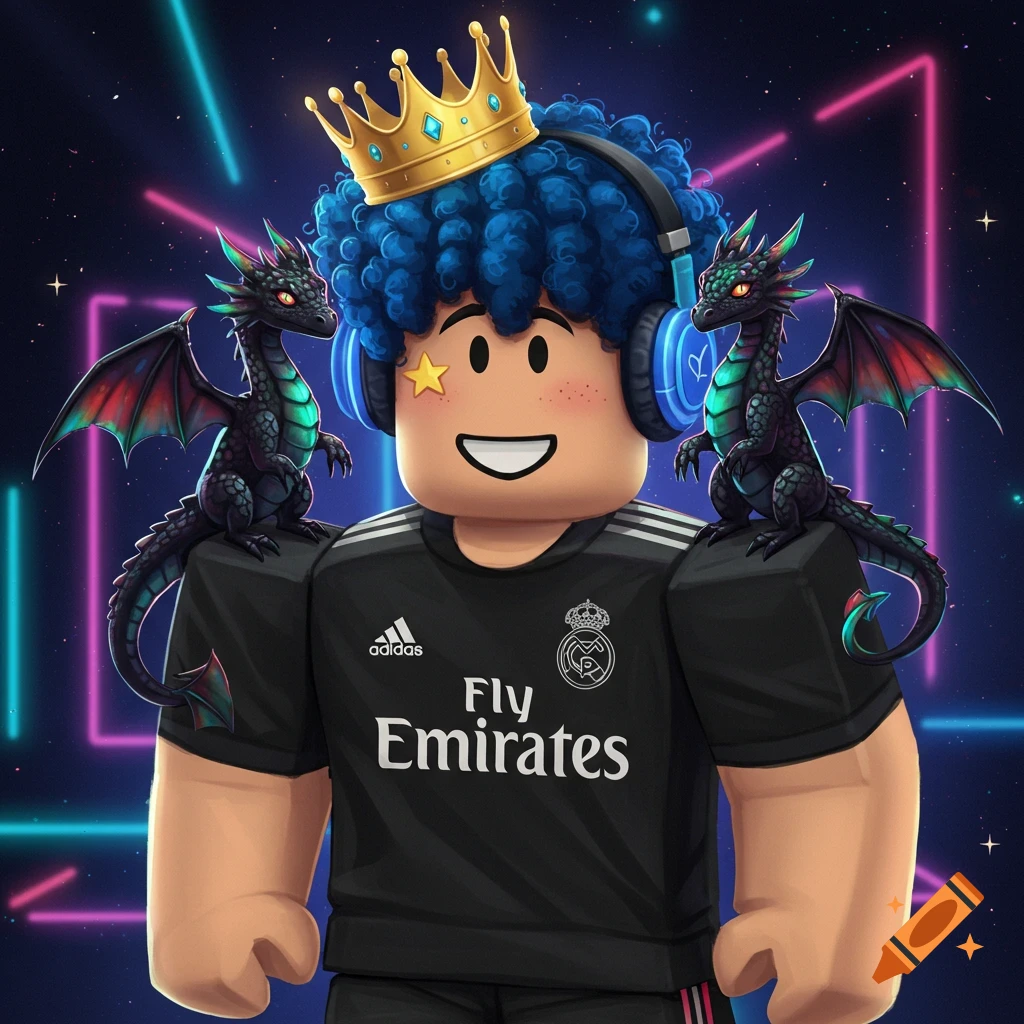 Roblox avatar with blue curly hair, gold crown, headphones, and a star on its face, wearing a Real Madrid jersey, flanked by two black dragons on a neon space background.