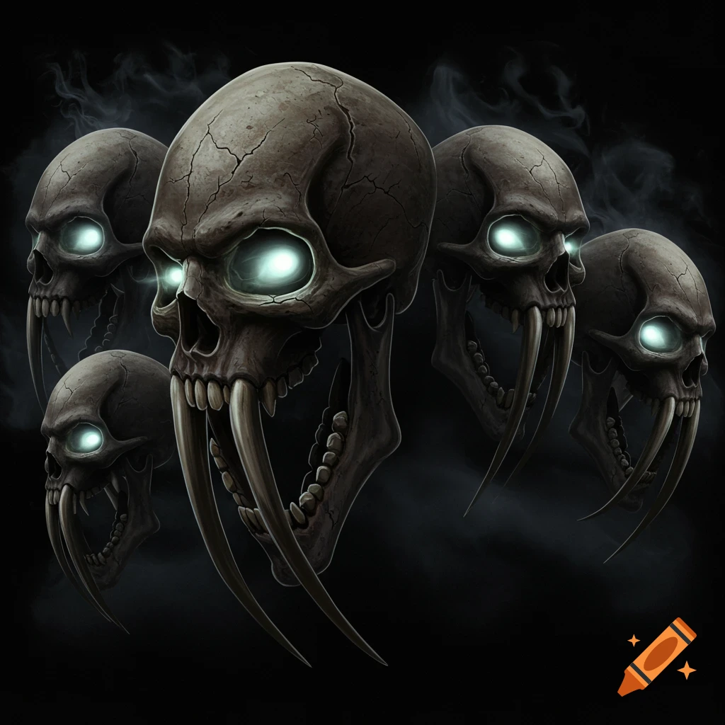 Five dark, stylized skulls with glowing eyes and long fangs emerge from smoke on a black background.