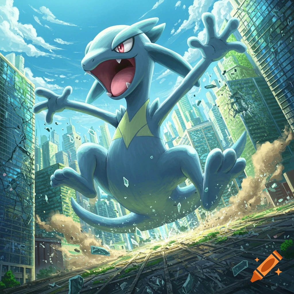 A giant blue Drizzile-like monster happily destroys a city, leaping amidst debris under a bright sky in an anime style.