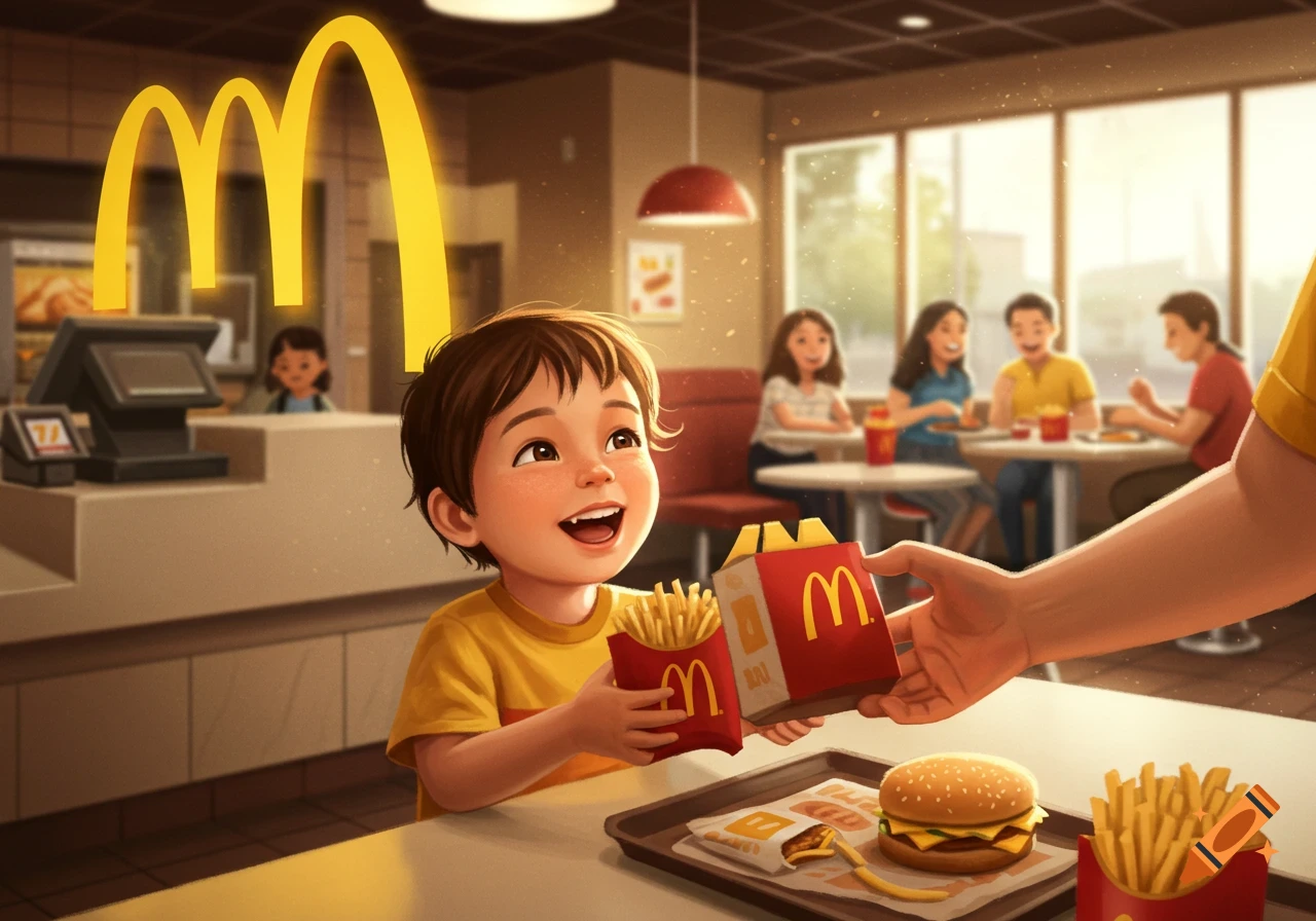 Happy child receives McDonald's fries and burger at a restaurant, illustrated.