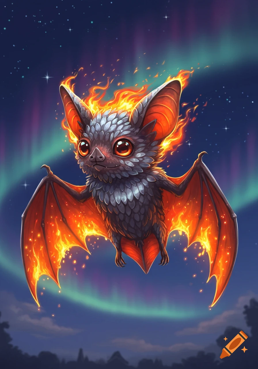 A cute, stylized bat with glowing orange fiery wings and head, flying in a dark blue night sky with a vibrant aurora borealis.