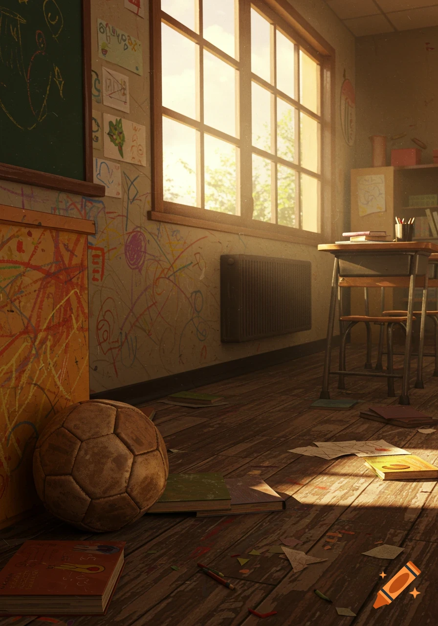 A sunlit, messy classroom interior with a soccer ball, scattered books, and child's drawings on the walls and floor.