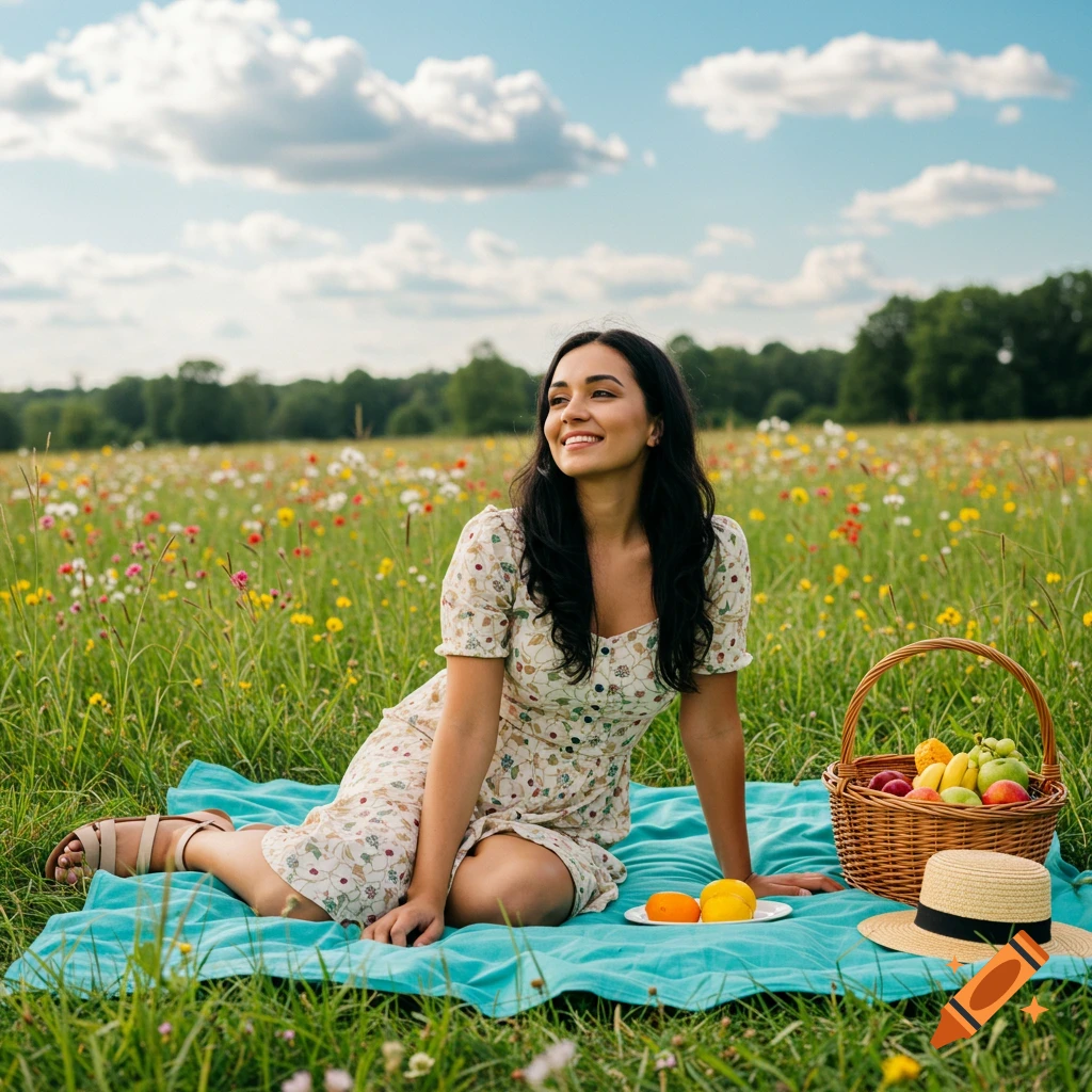 A smiling woman in a floral dress sits on a blue blanket in a wildflower field with a picnic basket.