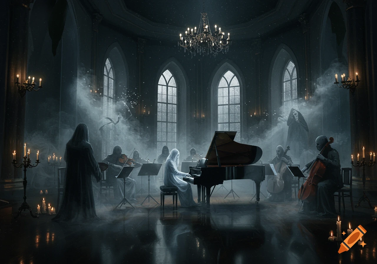 A ghostly orchestra of robed figures plays piano, cello, and violins in a dark, smoke-filled gothic hall with candles and arched windows.