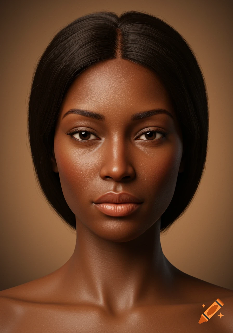 Hyper-realistic portrait of a Black woman with dark hair and a neutral expression against a brown background.
