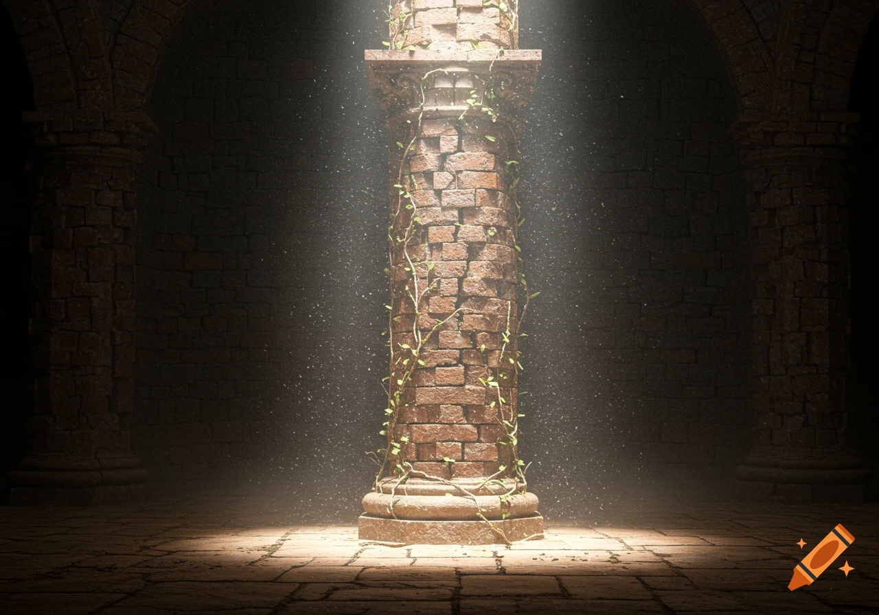 A brick column wrapped in green vines stands illuminated by shafts of light in a dark, arched, stone chamber.