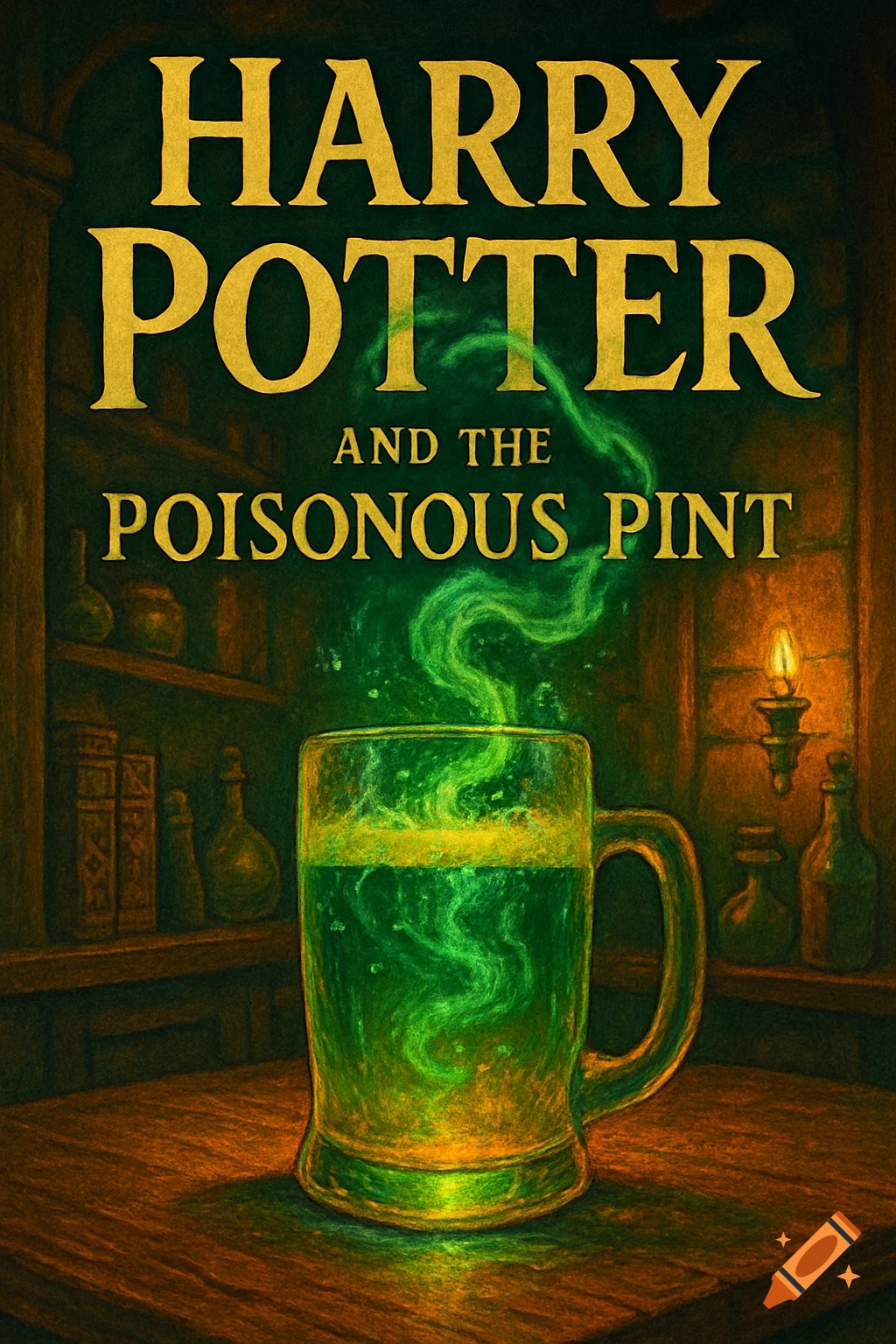 Stylized book cover for "Harry Potter and the Poisonous Pint" with a glowing green pint glass on a wooden table in a pub.