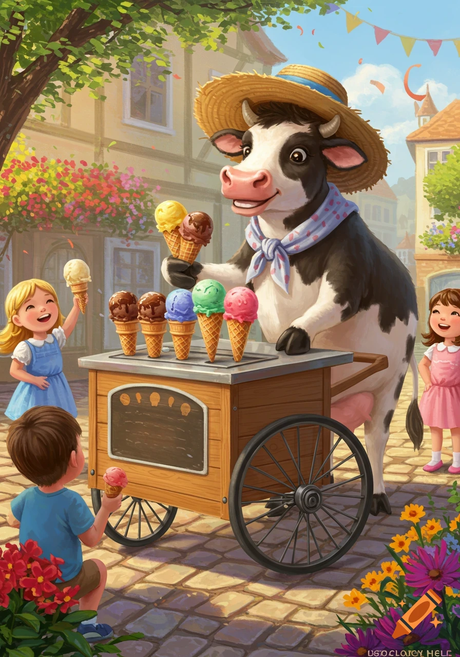 A whimsical cartoon cow wearing a straw hat sells ice cream from a wooden cart to happy children in a sunny, colorful village.