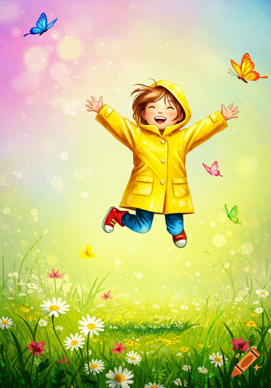 Joyful child in yellow raincoat jumps amidst vibrant flowers and butterflies in a cartoon illustration.