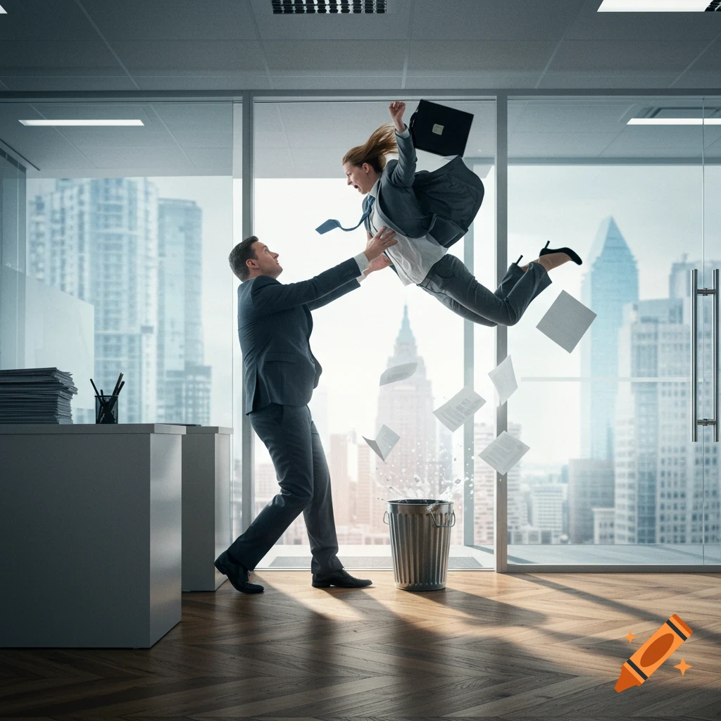 A businessman throws a business woman into a trash can, papers flying in a modern office with a city view.