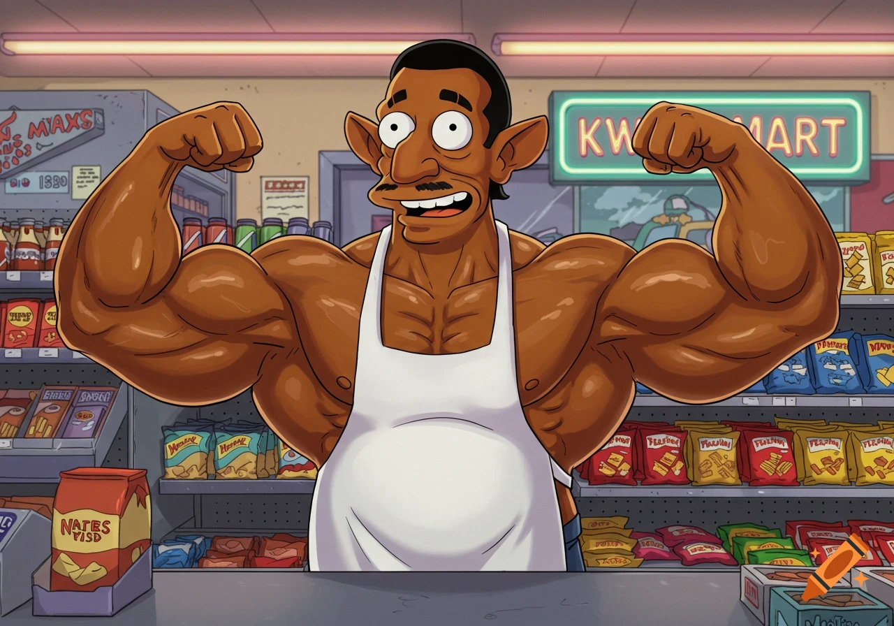A super muscular Apu from The Simpsons, wearing an apron, flexing his biceps in a Kwik-E-Mart.