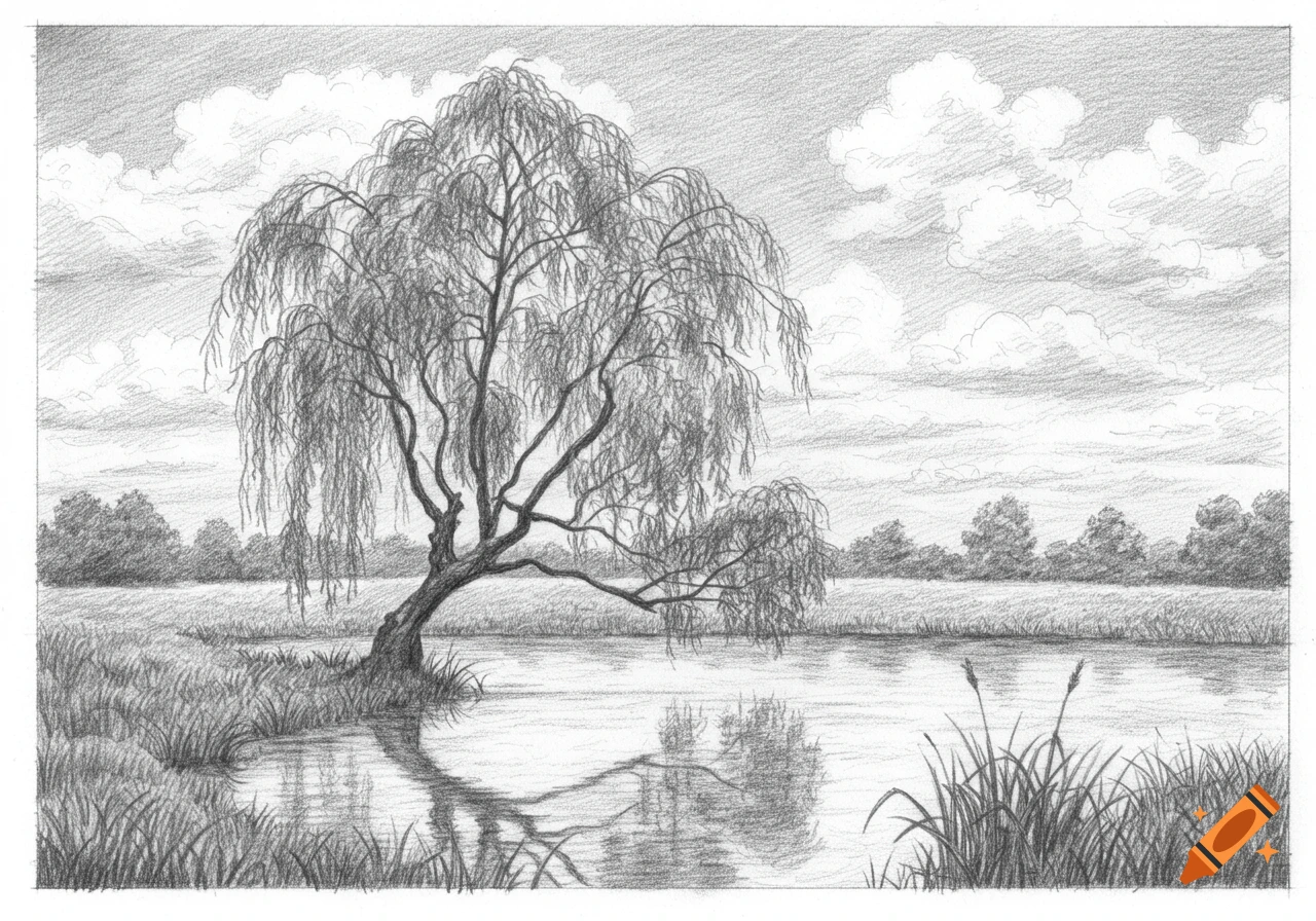 A detailed pencil drawing of a weeping willow tree by a calm river under a cloudy sky, with grassy banks.
