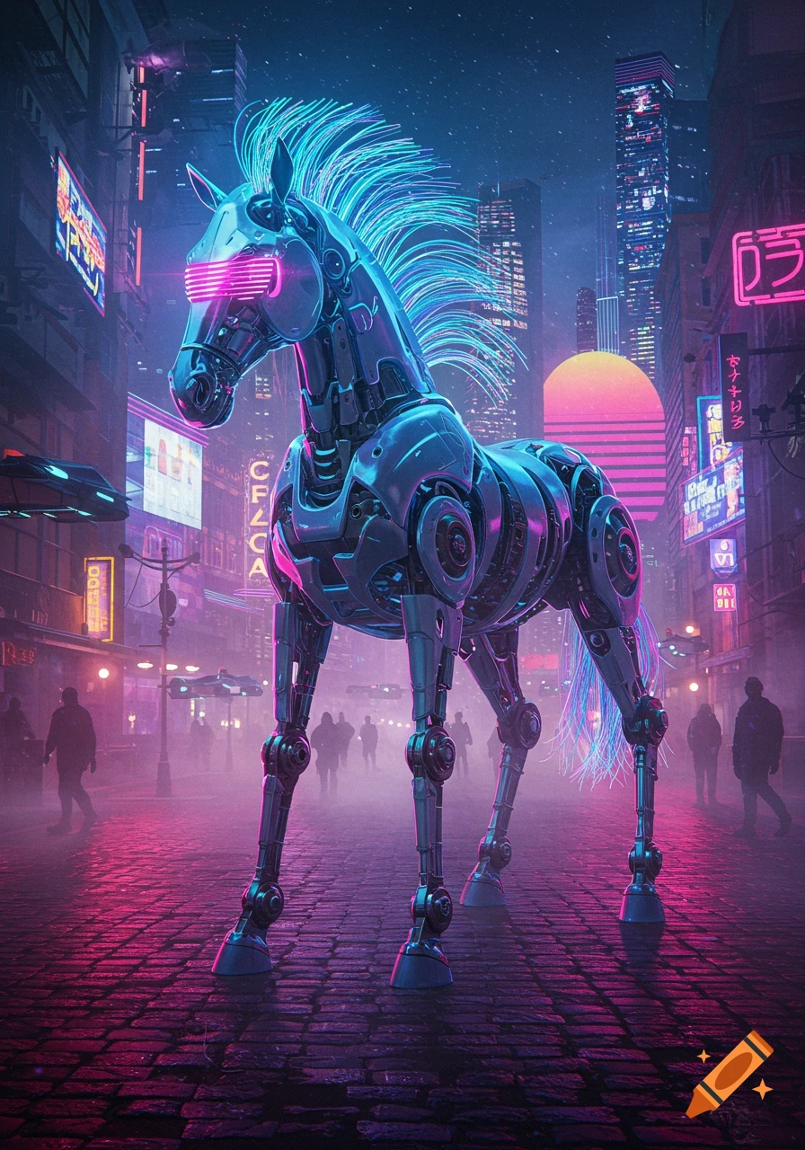 A metallic robot horse with glowing pink visor eyes and a neon blue mane stands on a cobbled street in a foggy cyberpunk city with neon signs.