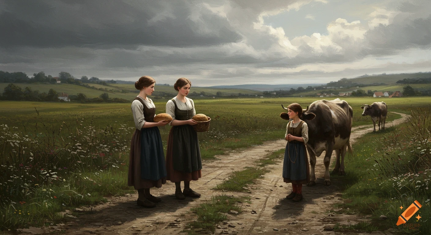 Realist painting of three women and a girl with cows on a dirt path in a rural landscape under a cloudy sky.