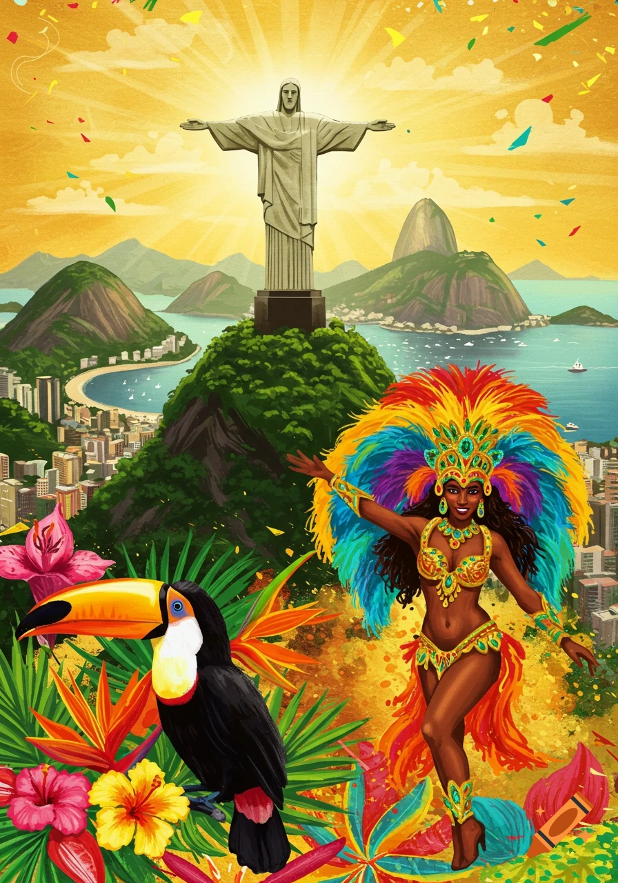Vibrant illustration of Brazil featuring Christ the Redeemer, Rio de Janeiro cityscape, a carnival dancer, a toucan, and tropical flowers.