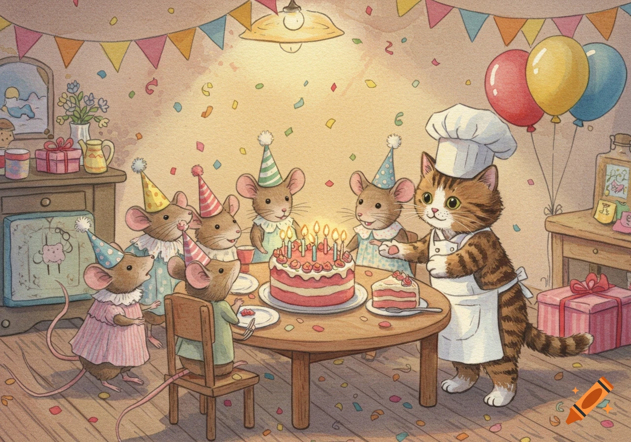 Watercolor illustration of a cat chef serving birthday cake to six mice in party hats at a table with balloons and confetti.