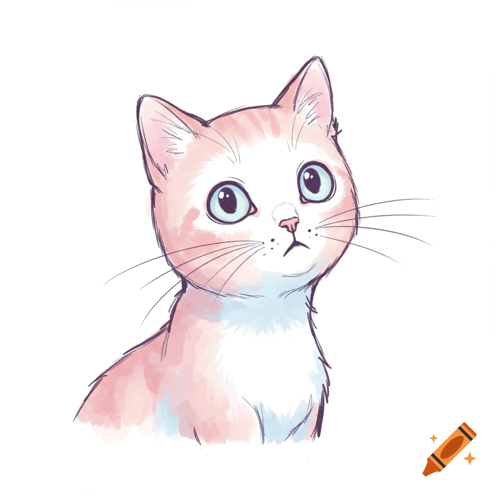A hand-drawn pastel doodle of a cute cat with wide blue eyes, looking up on a white background.