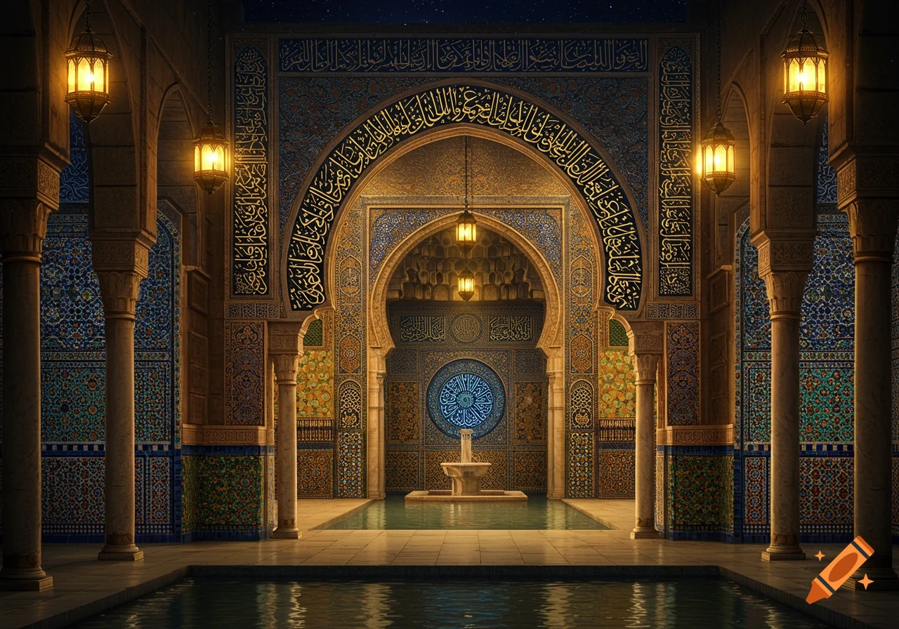 Ornate Islamic architectural interior with arches, columns, intricate tilework, and Arabic calligraphy, centered around a fountain and reflecting pools.