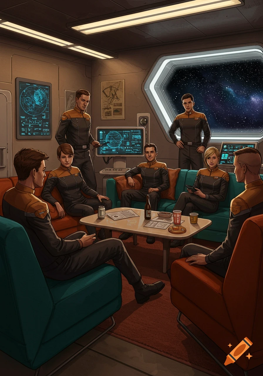 A group of seven people in futuristic uniforms relax in a lounge aboard a spaceship, with starry space visible through a window.