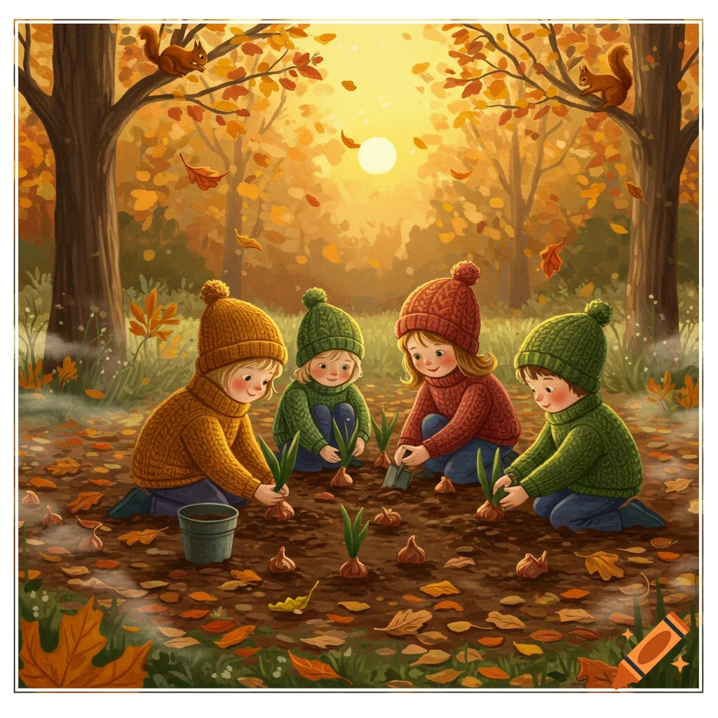 Four children in knit hats and sweaters plant bulbs in an autumn forest with falling leaves and squirrels.