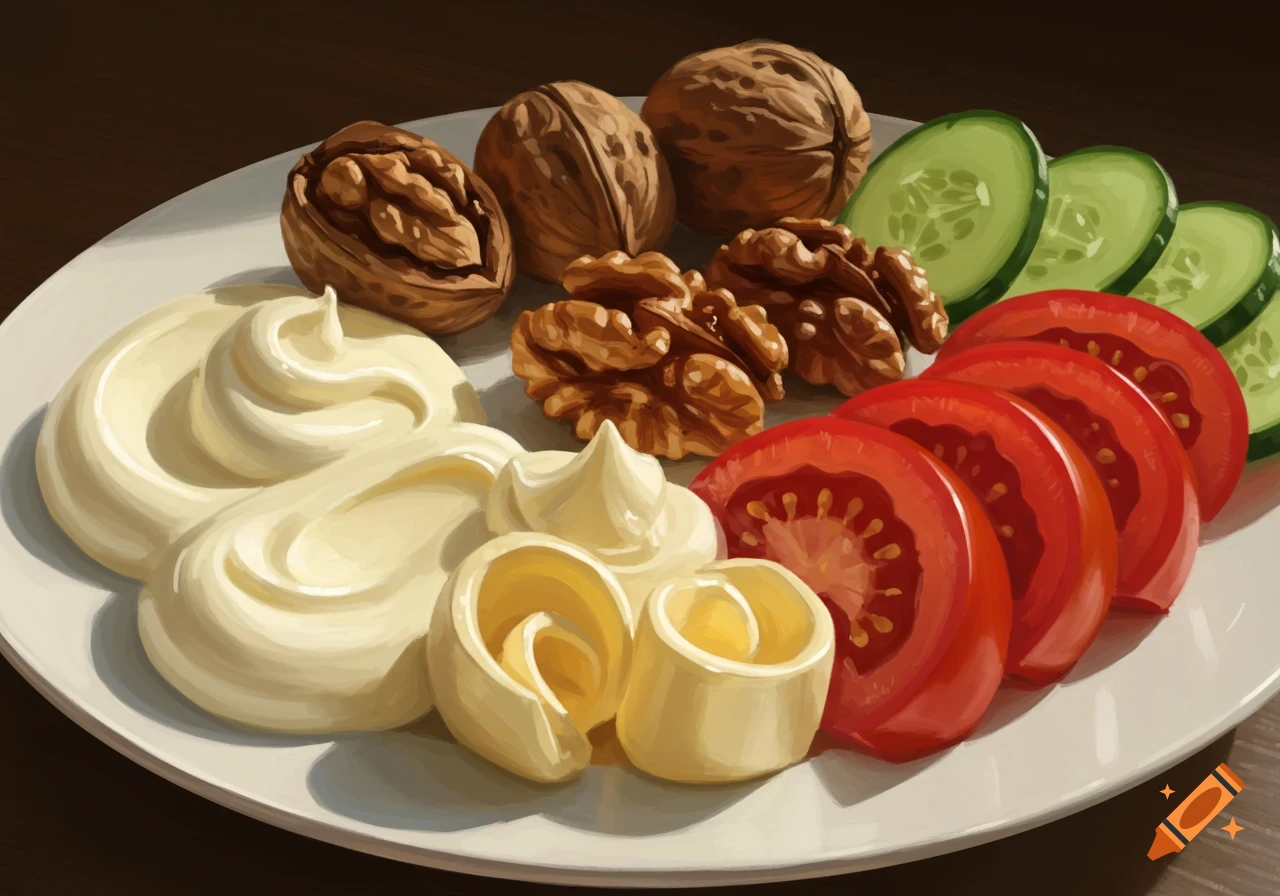 A white plate filled with walnuts, creamy swirls, butter curls, sliced tomatoes, and cucumbers in a digital art style.