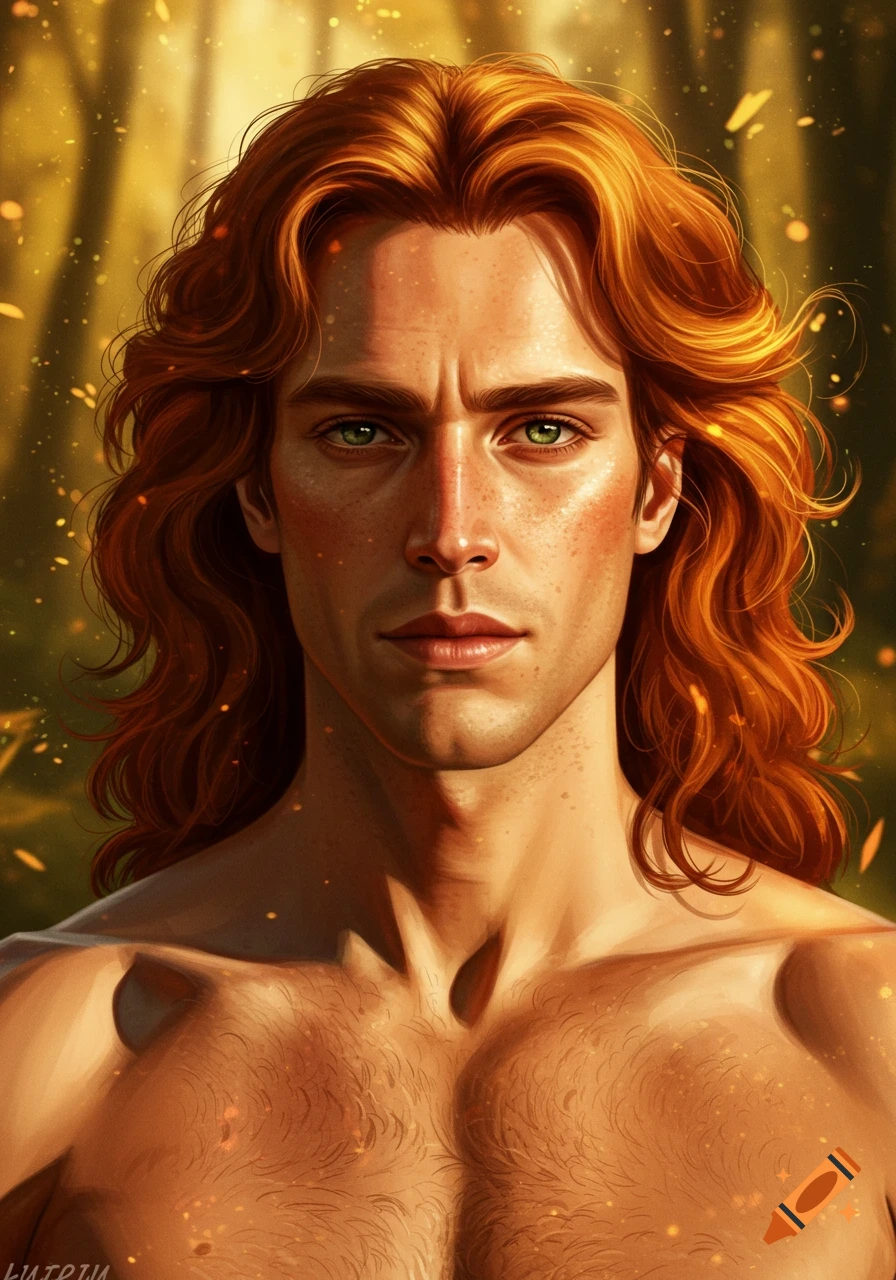 A detailed portrait of a handsome man with long, wavy auburn hair, green eyes, freckles, and a bare chest, set against a golden, glowing forest background.
