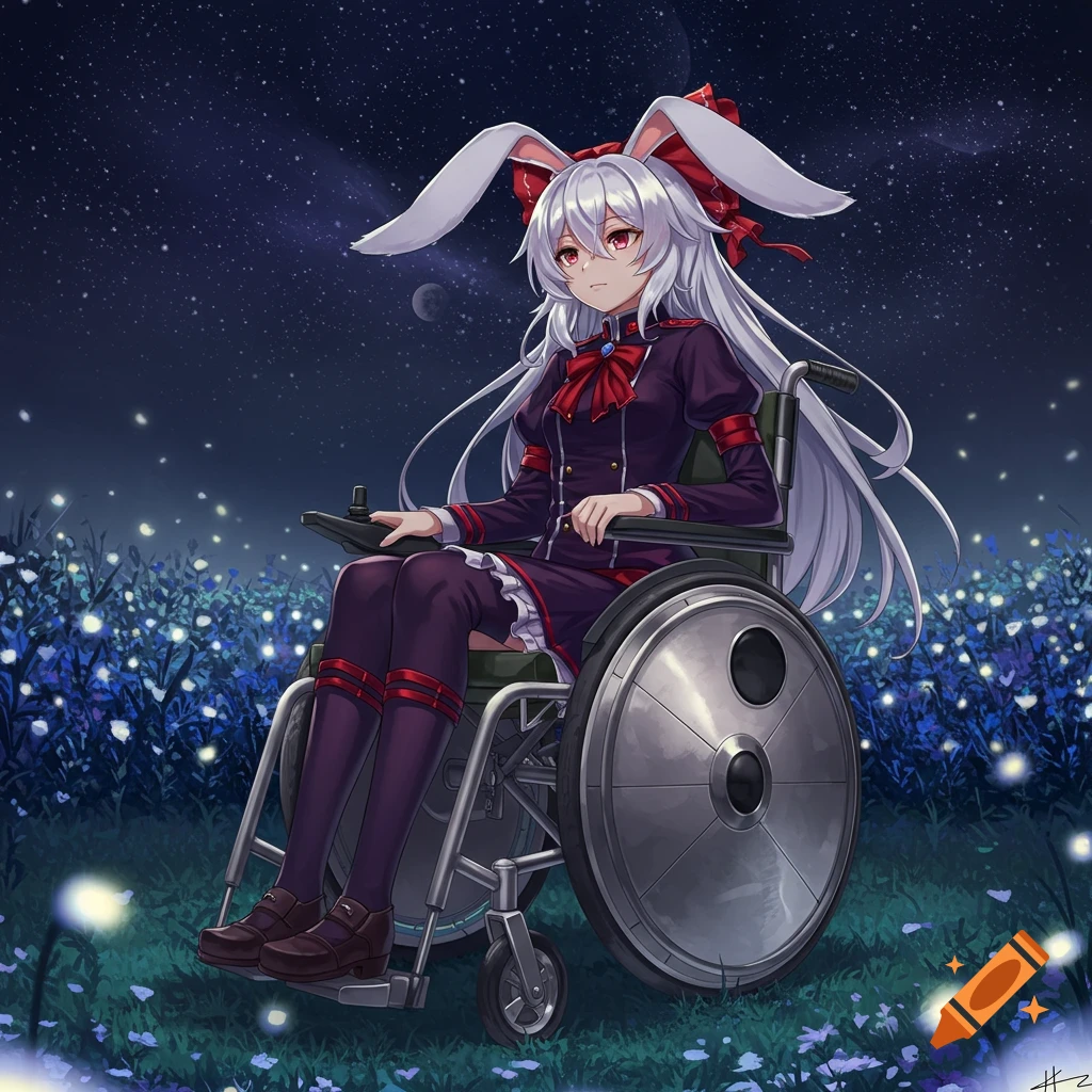 Anime girl with long white hair and bunny ears in a wheelchair, sitting in a field of glowing flowers under a starry night sky.