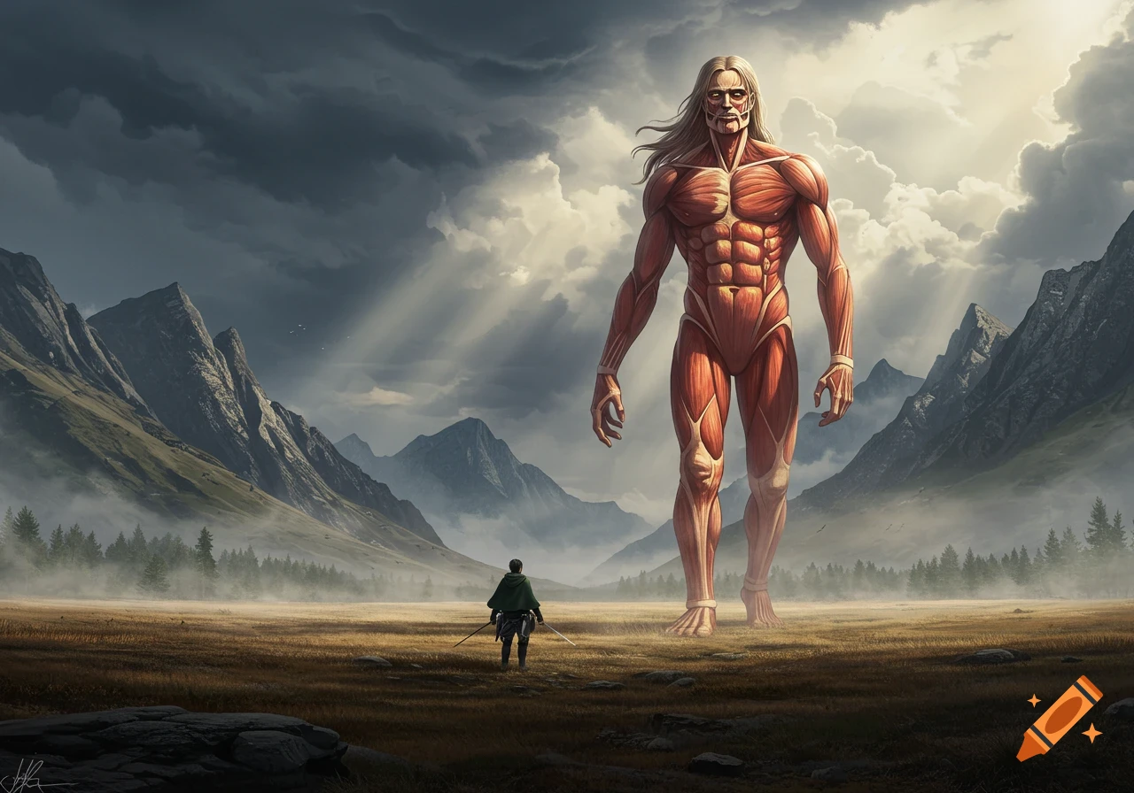 A colossal, muscular Titan with long hair stands in a wide mountain valley, facing a small human soldier under a dramatic sky.