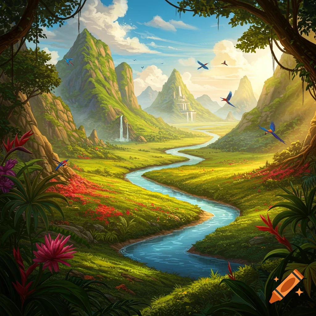 A vibrant fantasy landscape with a winding river flowing through lush green valleys, flanked by towering mountains and waterfalls, under a bright sky with colorful birds.