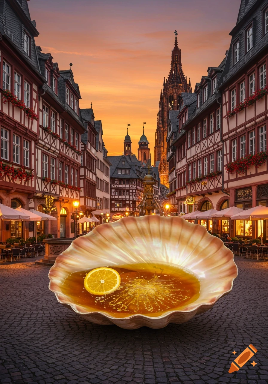 A giant seashell with a drink and a lemon slice on a cobblestone street in a European city at sunset.