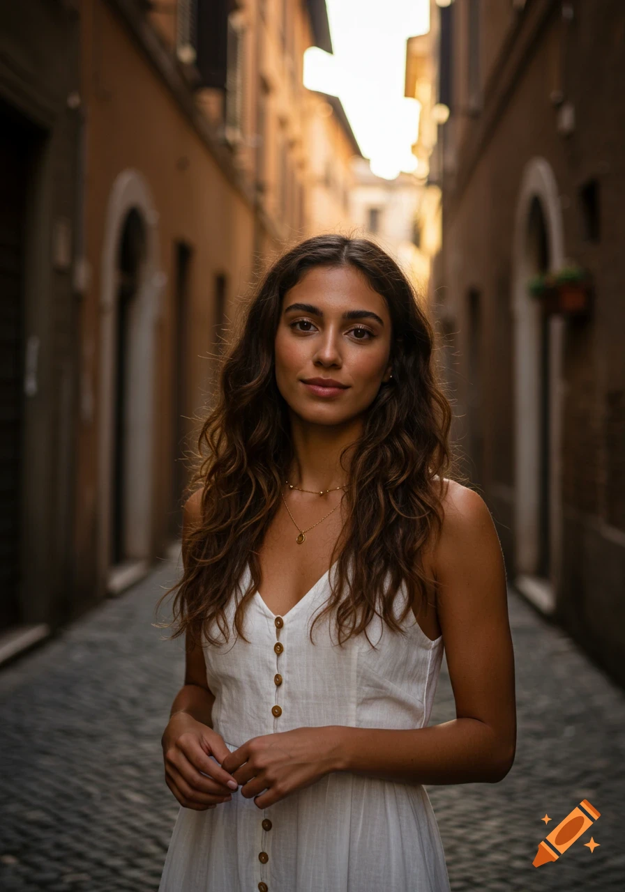 An ultra-realistic portrait of a young woman with long wavy hair in a white dress, standing in a sunlit cobblestone alley.