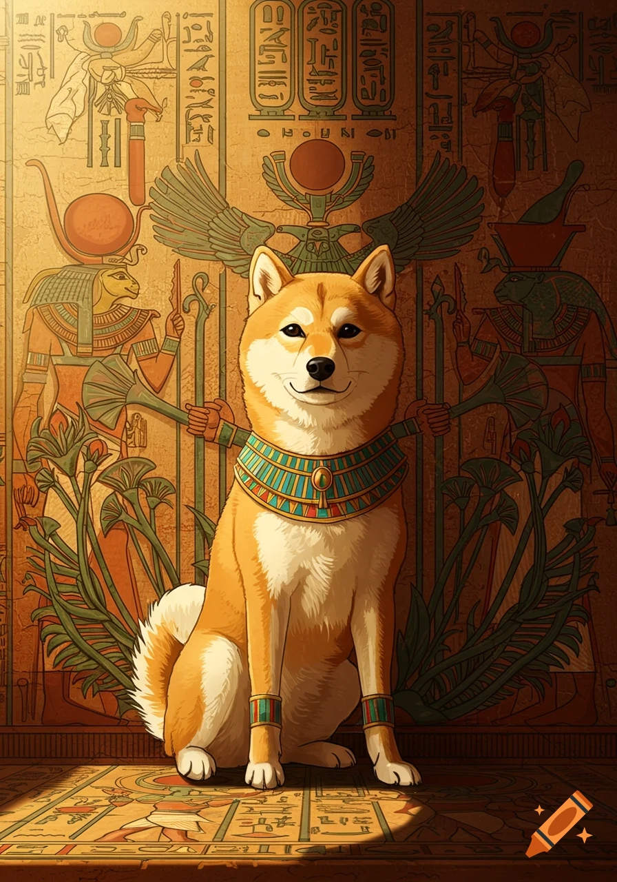 A Shiba Inu dog in a regal Egyptian collar and armbands sits against a backdrop of ancient Egyptian murals.