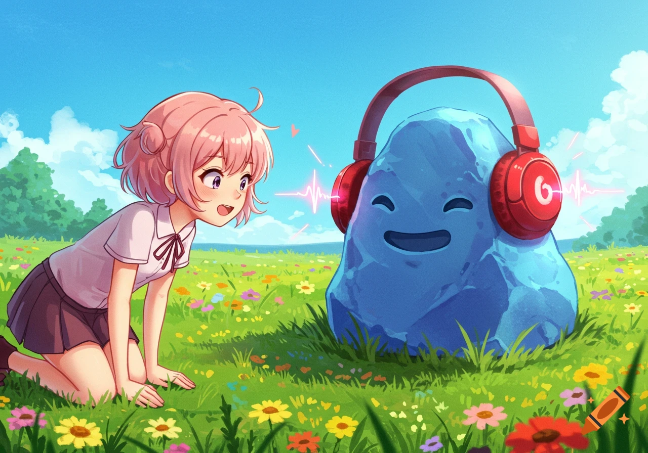 An anime girl with pink hair kneels in a flowery meadow, looking at a smiling blue rock creature wearing red headphones, in a bright, colorful illustration.