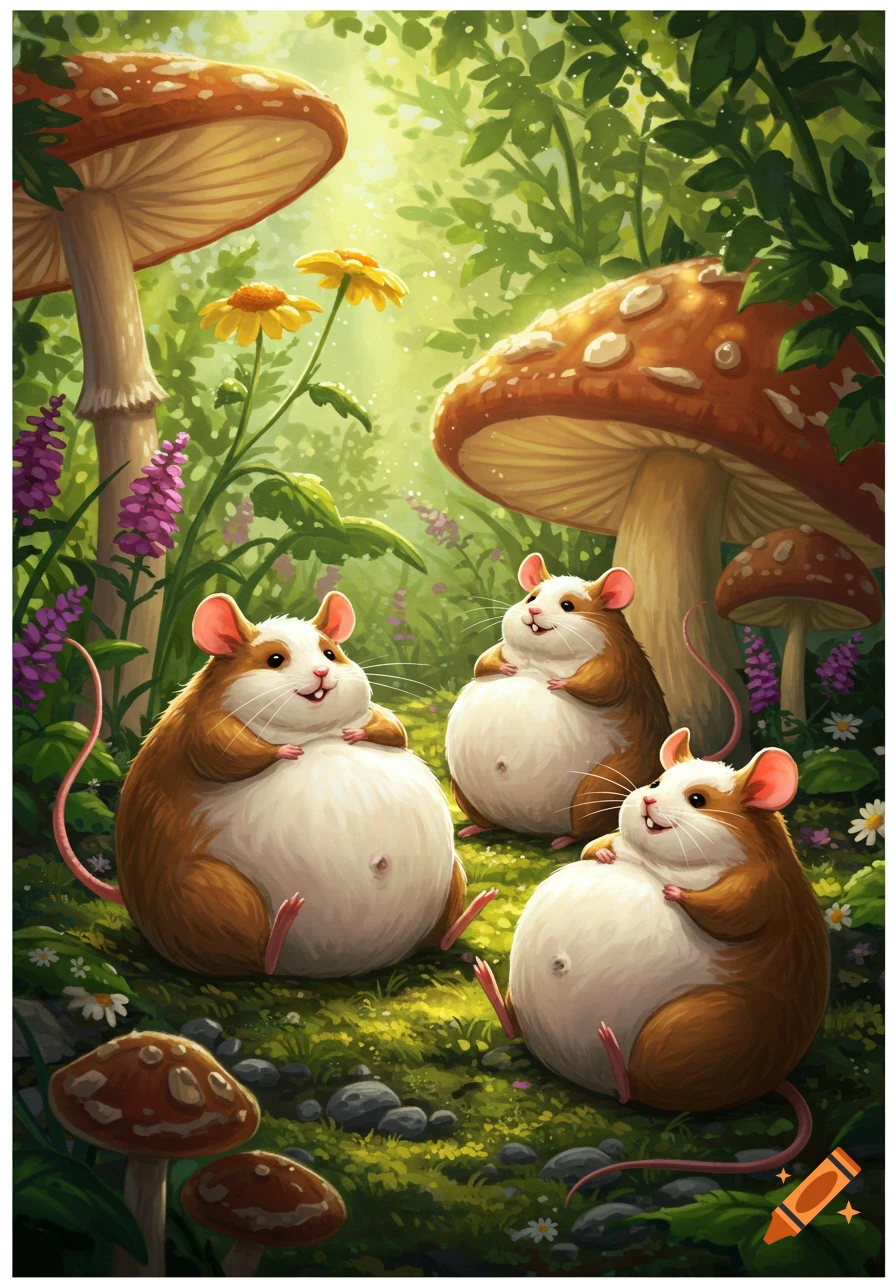 Illustration of three plump, smiling mice resting in a lush, green fantasy forest with large red and white mushrooms.