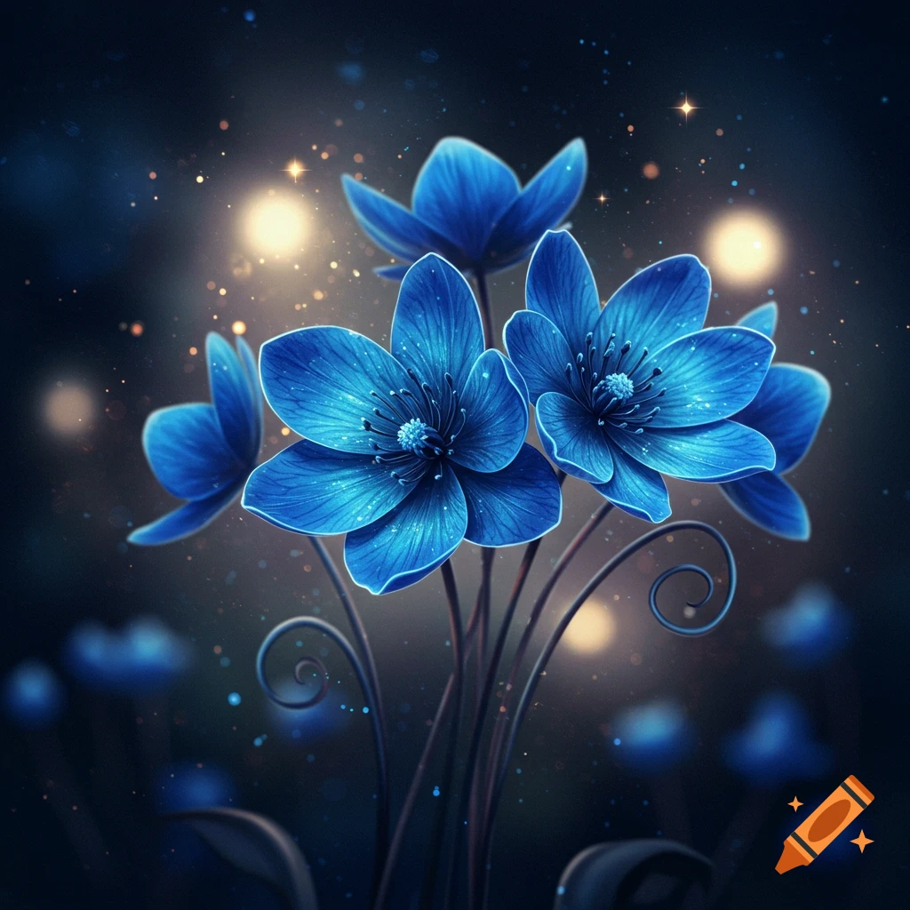 Luminous blue flowers with glowing centers and sparkling petals against a dark, bokeh-lit background.