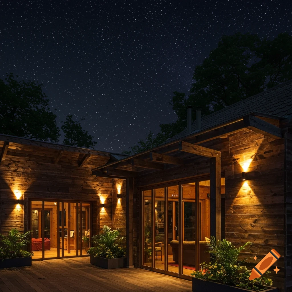 A photorealistic wooden house at night, lit by warm exterior lights, with a starry sky overhead and lush plants in planters.