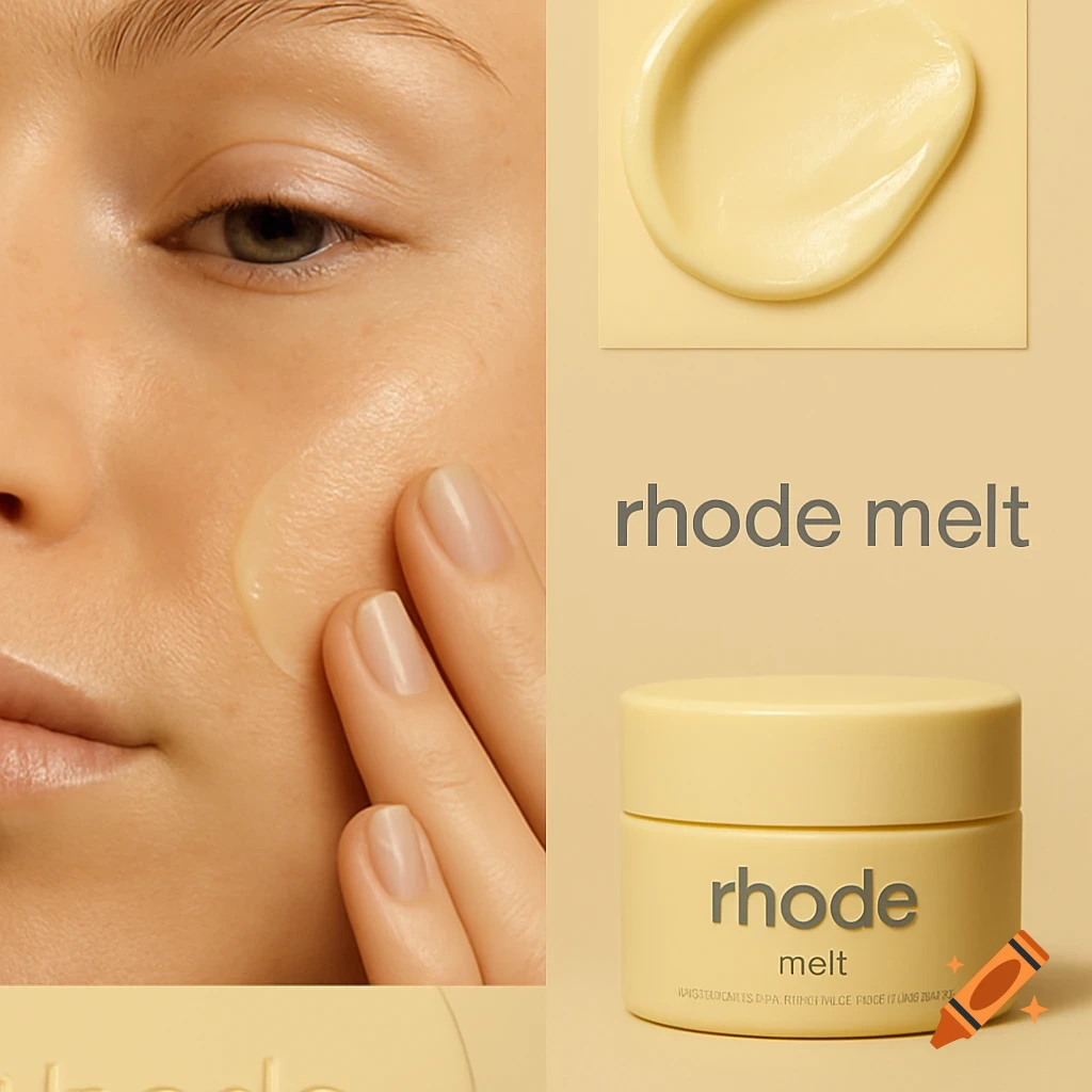 A close-up of a person's face with a hand applying yellow cream, alongside a tub of 'rhode melt' and a swirl of cream.