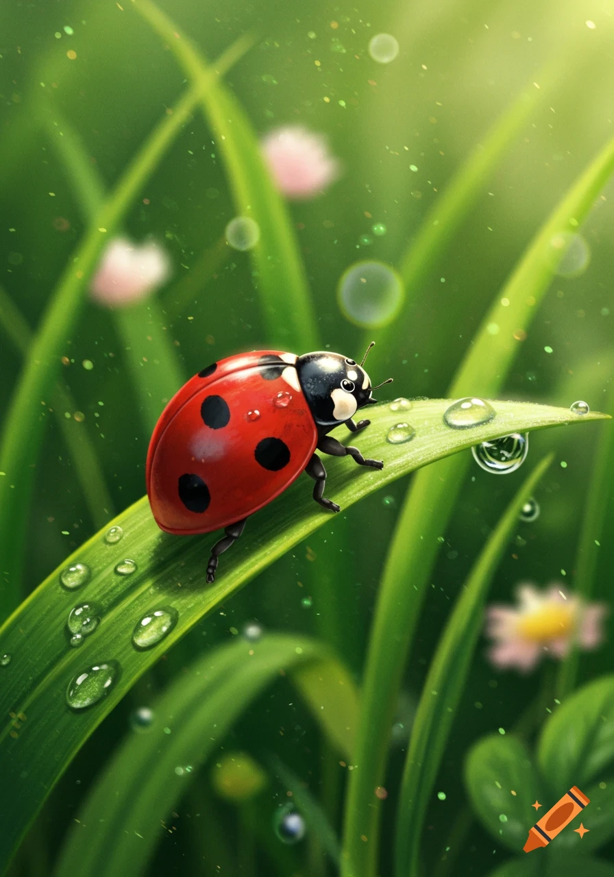 A vibrant red ladybug with black spots perches on a dewy green blade of grass, with blurred green foliage and sunlight in the background.