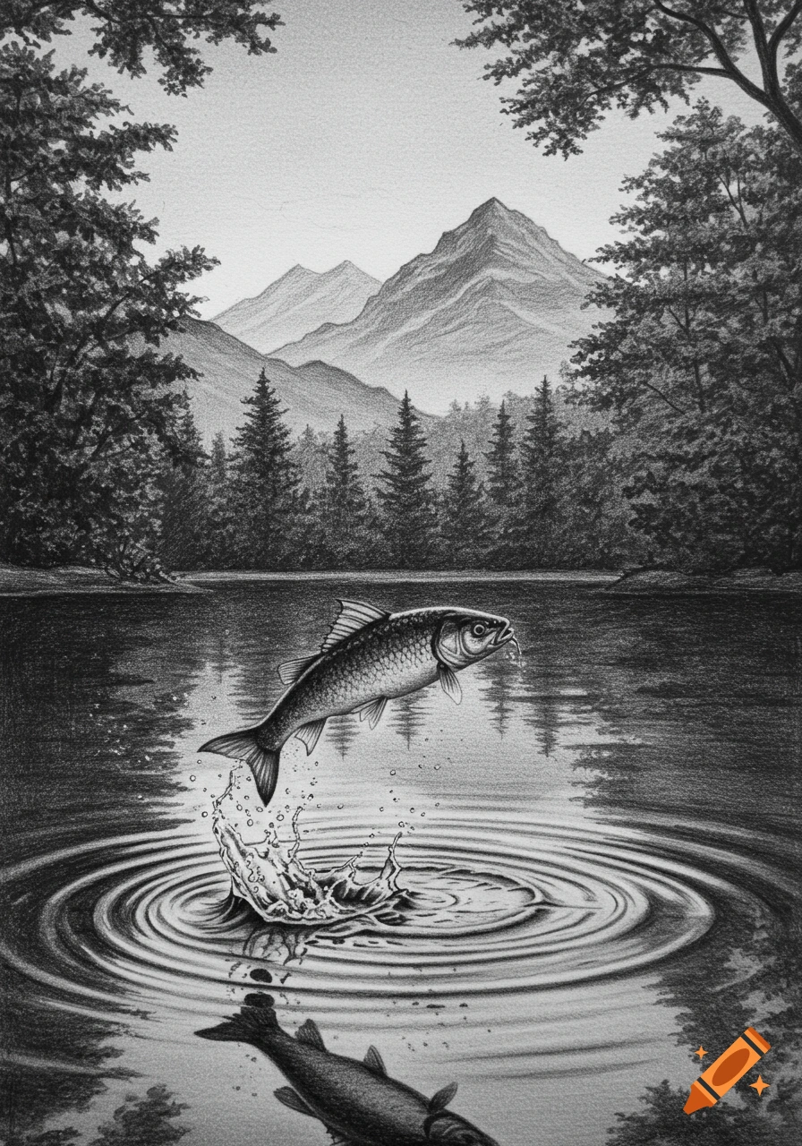 Grayscale pencil drawing of a fish leaping out of a pond, with mountains and trees in the background.
