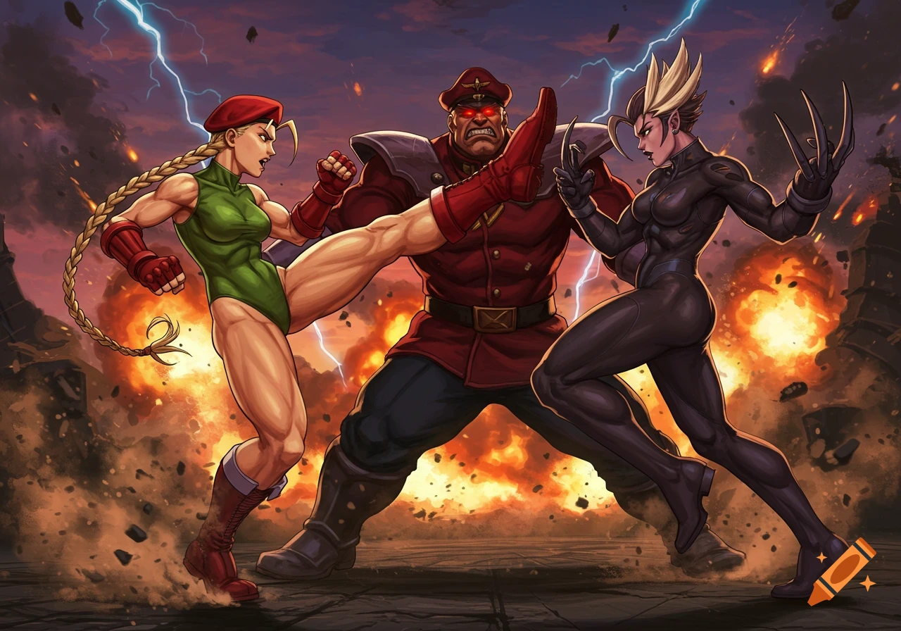 Cammy kicks M. Bison as Decapre prepares to strike in an action-packed comic art style amidst explosions and lightning.