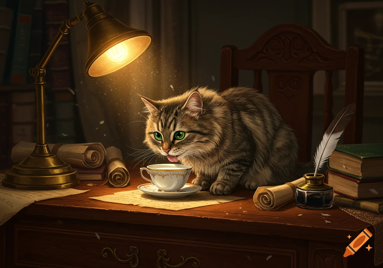 A fluffy tabby cat with bright green eyes laps milk from a teacup on a wooden study desk, illuminated by a warm brass lamp.