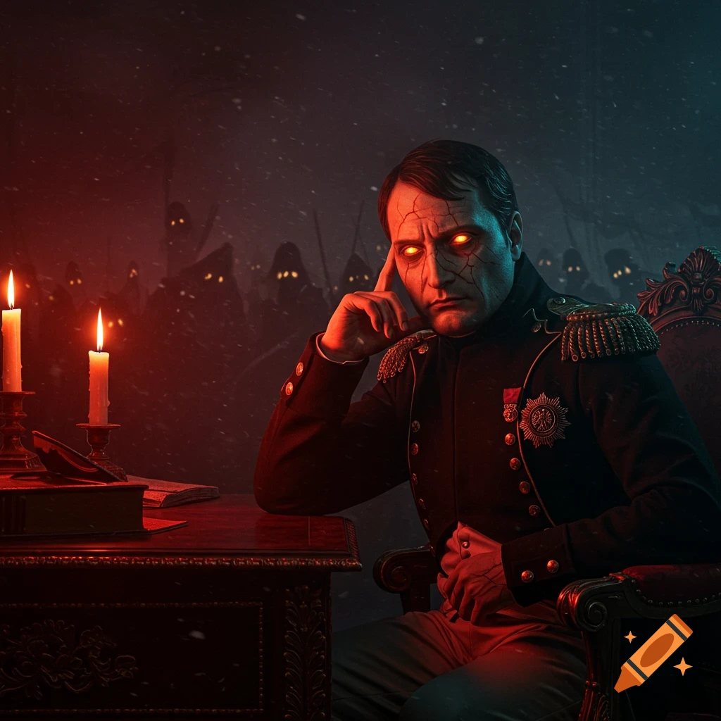 Demonic Napoleon Bonaparte with glowing eyes and cracked skin, seated at a desk with candles, a ghostly army in a red-lit background. Dramatic horror style.