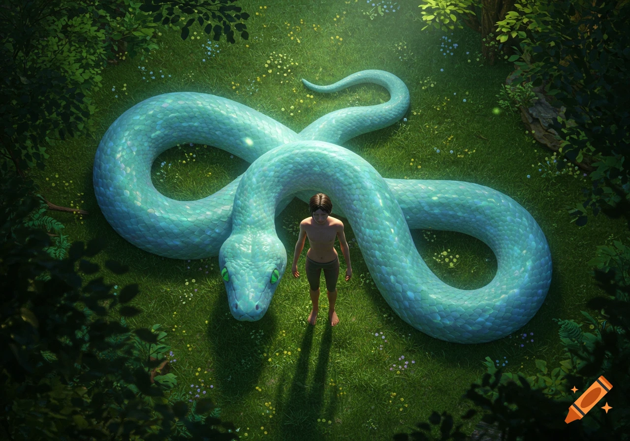 A young boy stands on lush green grass, encircled by a large, teal snake in a sunlit forest, digital art.