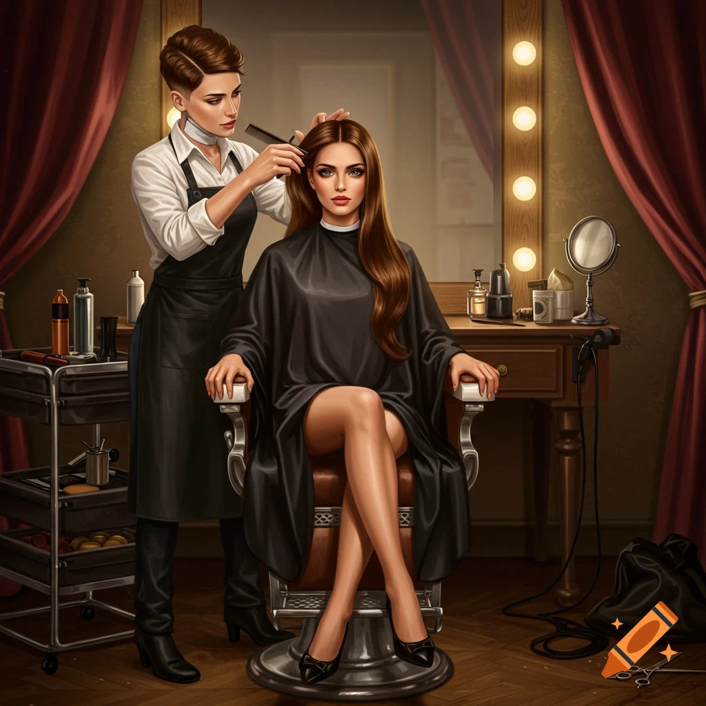 A female hairdresser styles the long brown hair of a seated woman in a luxurious salon setting.